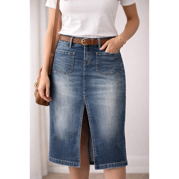 hinge Dresses & Skirts - Hinge Womens S Blue Denim Midi Skirt 27" Length Front Split Stretch